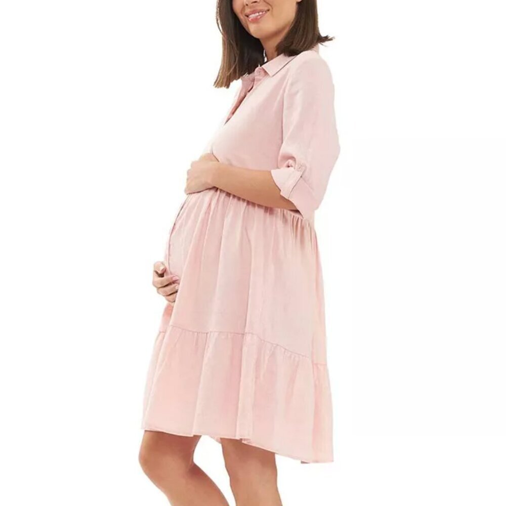 Ripe Maternity Adel Button Through Linen Nursing Shirt Dress, Soft Pink, S - Picture 10 of 10